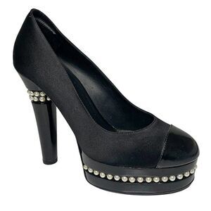 Chanel Pearl Platform Pumps Size 37.5 US 6.5-7 Black Satin Cap Toe High Heels